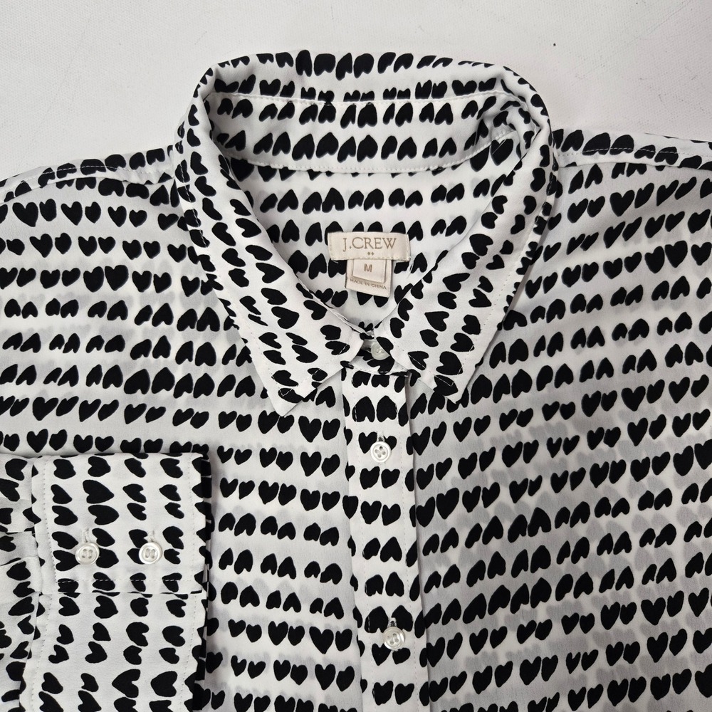 J.Crew Heart Print Shirt Womens Medium White Black Button Down Long Sleeve